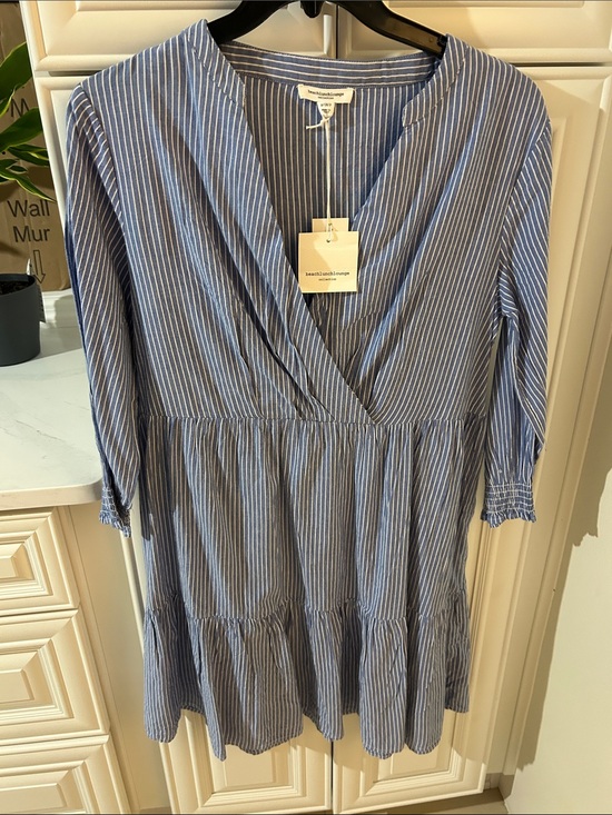 beachlunchlounge Dresses & Skirts - beachlunchlounge Blue and White Striped V-Neck Tiered Midi Dress
